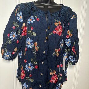 Ana & Rose Navy Floral Embroidered Lace Detail Button Down Blouse Size L NWT